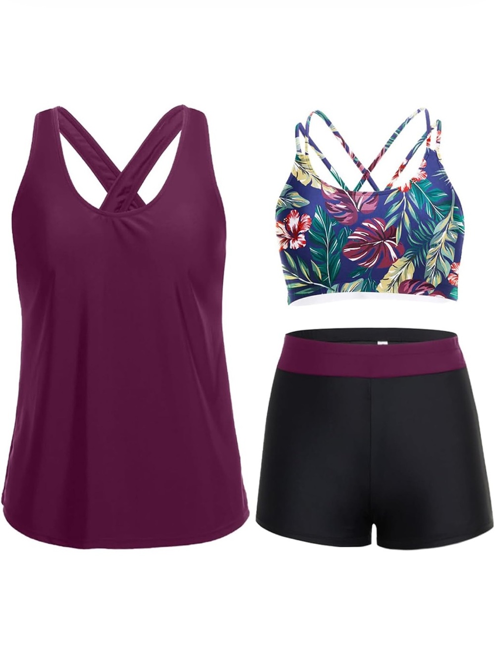 3 Piece Tankini Swimsuit Tummy Control Bathing Suit with Boy Shorts L.